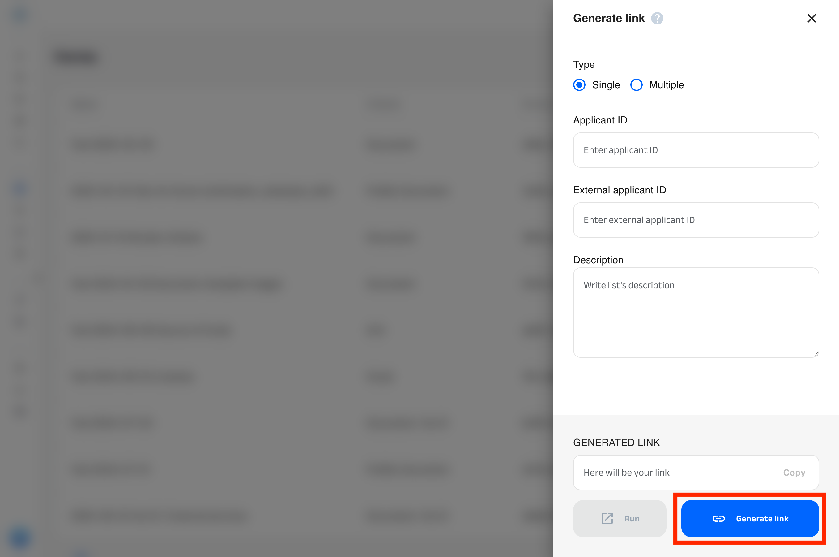 Highlighted location of the “Generate link” primary button in the modal window