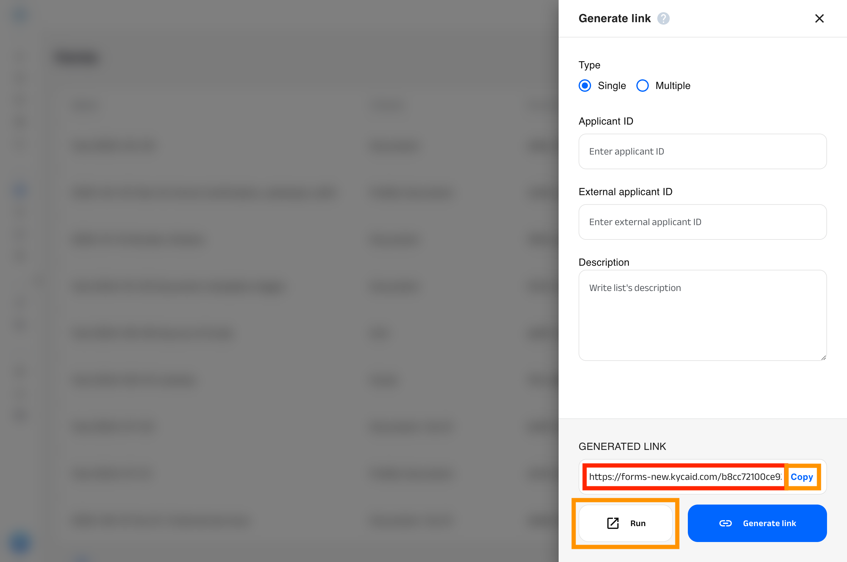 Highlighted location of the form URL, together with the “Run” and the “Copy URL” buttons
