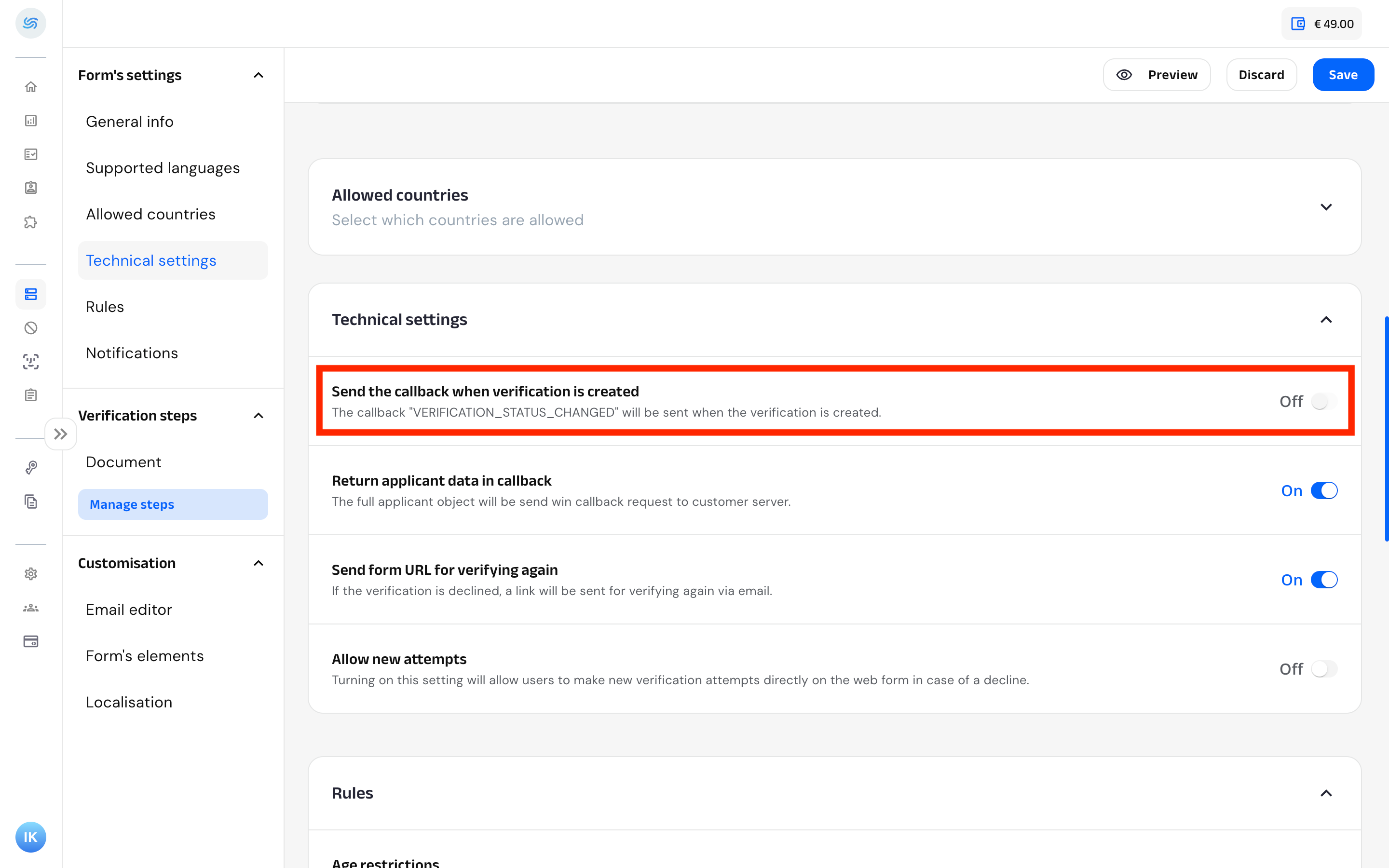 Highlighted location of the “Send the callback when verification is created” block